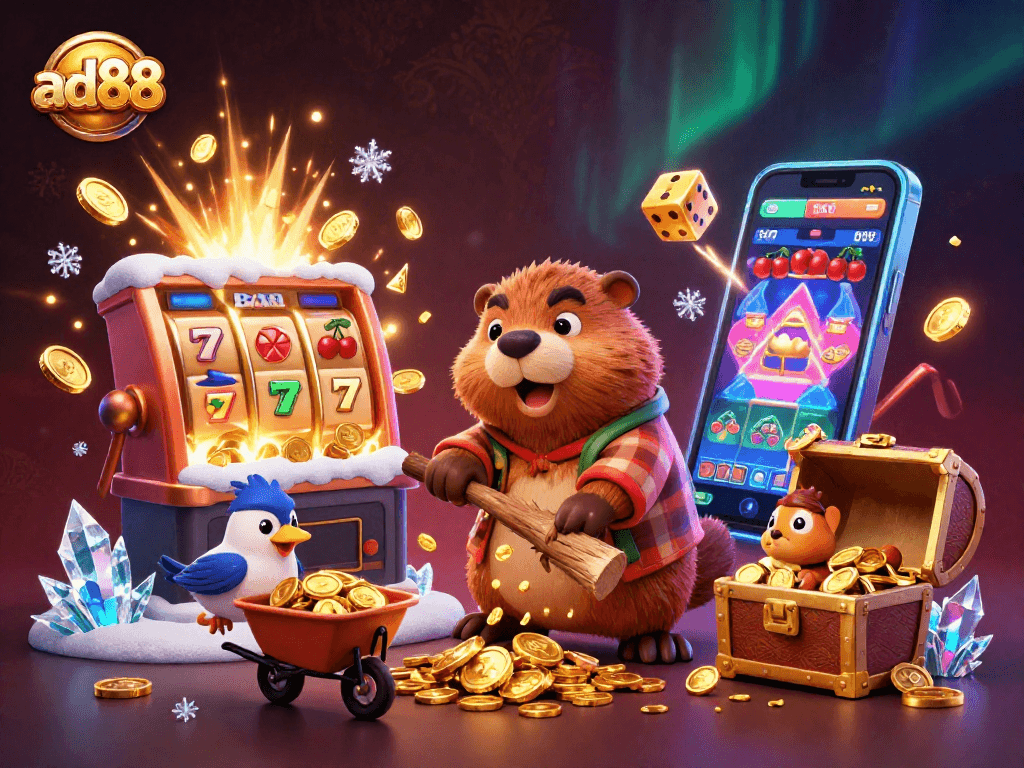 Experience online gaming excitement with ad88 as cartoon characters collect shining coins.