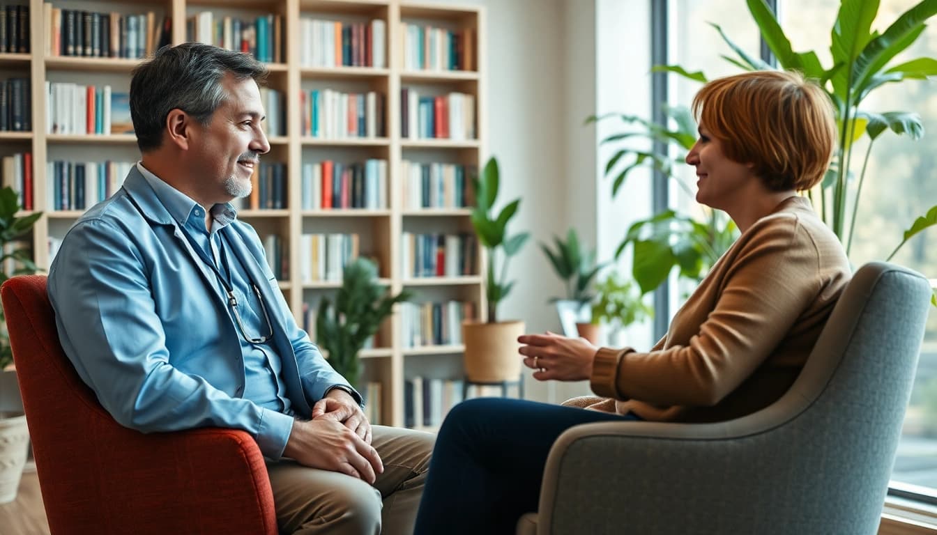 Best psychiatrist in Dubai consulting with a patient in a welcoming office space.