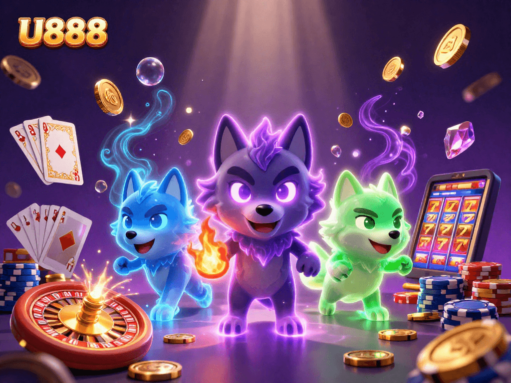 Win big with U888 in this vibrant 3D casino scene featuring wolves and exciting gaming elements.