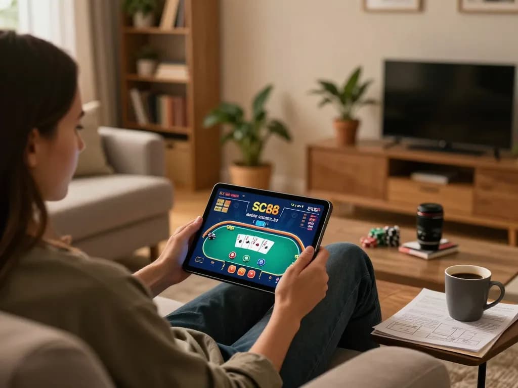 Engaging scene utilizing SC88 casino app on tablet in a cozy home setup for strategic gameplay