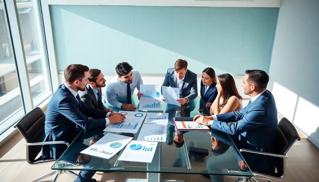 Analyzing competitor pricing strategies with a diverse team in a modern office setting.