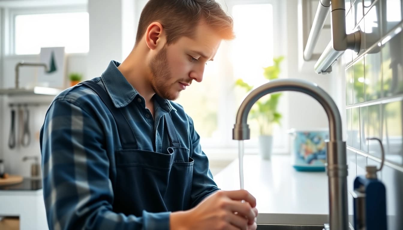 Plumbing knightdale services by a skilled plumber in a bright kitchen environment.