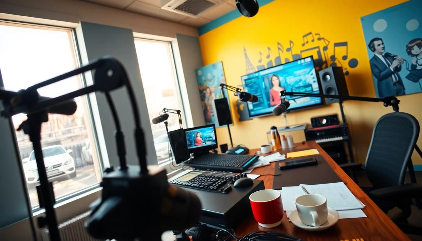 Engaging broadcasting scene at hometownstation.com with high-tech audio equipment and vibrant decor.