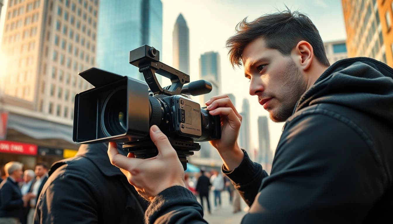 Videographer capturing a city scene with a high-resolution camera in an urban environment.