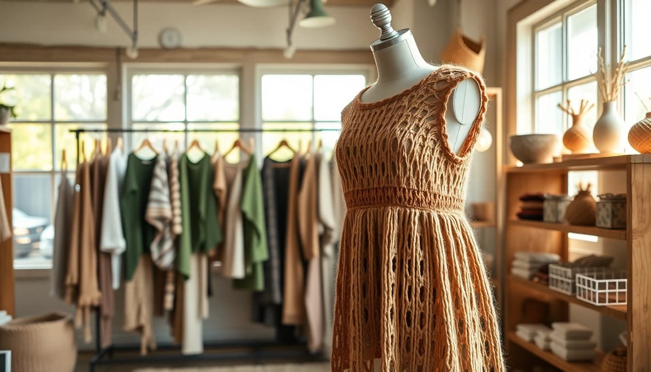 Showcase of handmade knitwear from https://www.ound-ound.com with textured garments in a boutique.