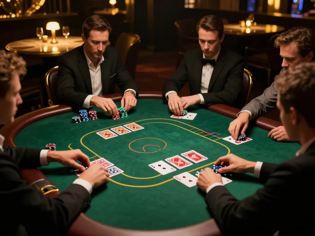 Players strategizing at a poker table illuminated by soft light, highlighting hiddenwiki connections to dark gaming.