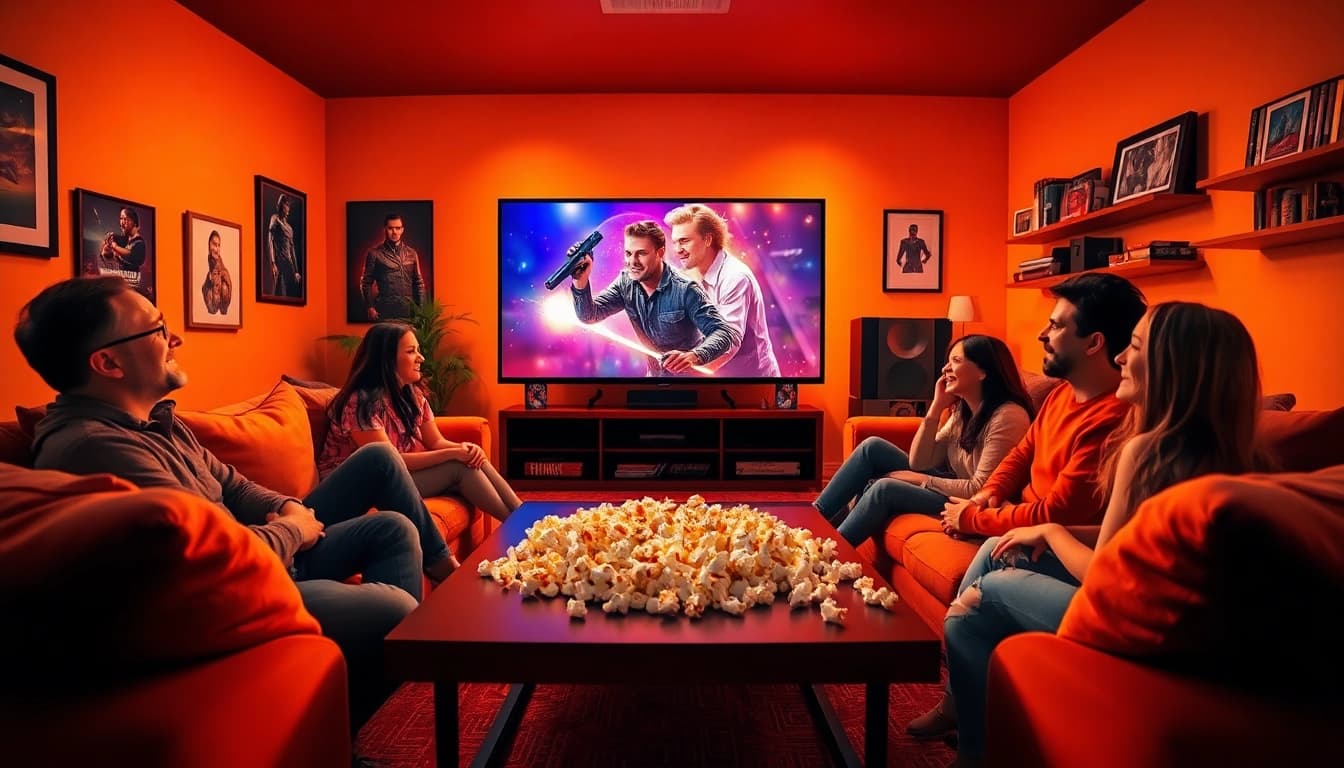 Friends enjoying a movie night filled with laughter and popcorn while watching films