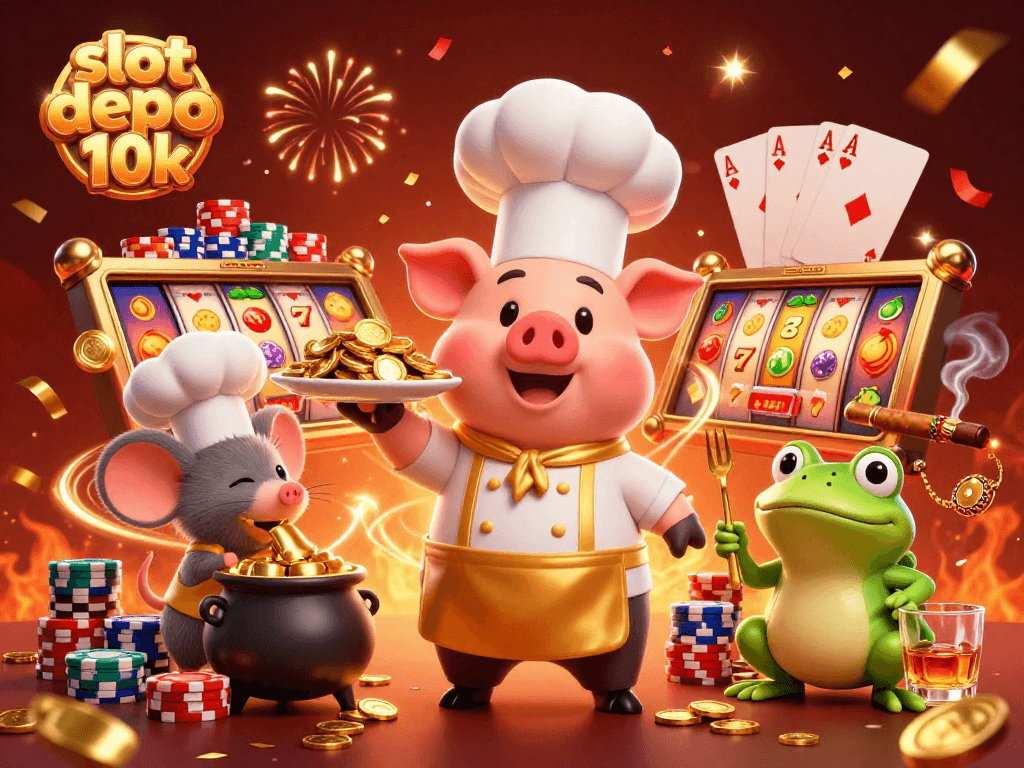 Menghadirkan slot depo 10k dengan karakter kartun kasino dalam pemandangan penuh semangat dan detail.