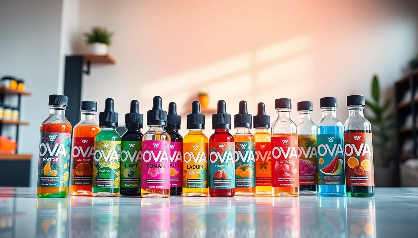 Genießen Sie exklusive Oxva Liquid Aromen in eindrucksvoller Anordnung auf einem sauberen Hintergrund.