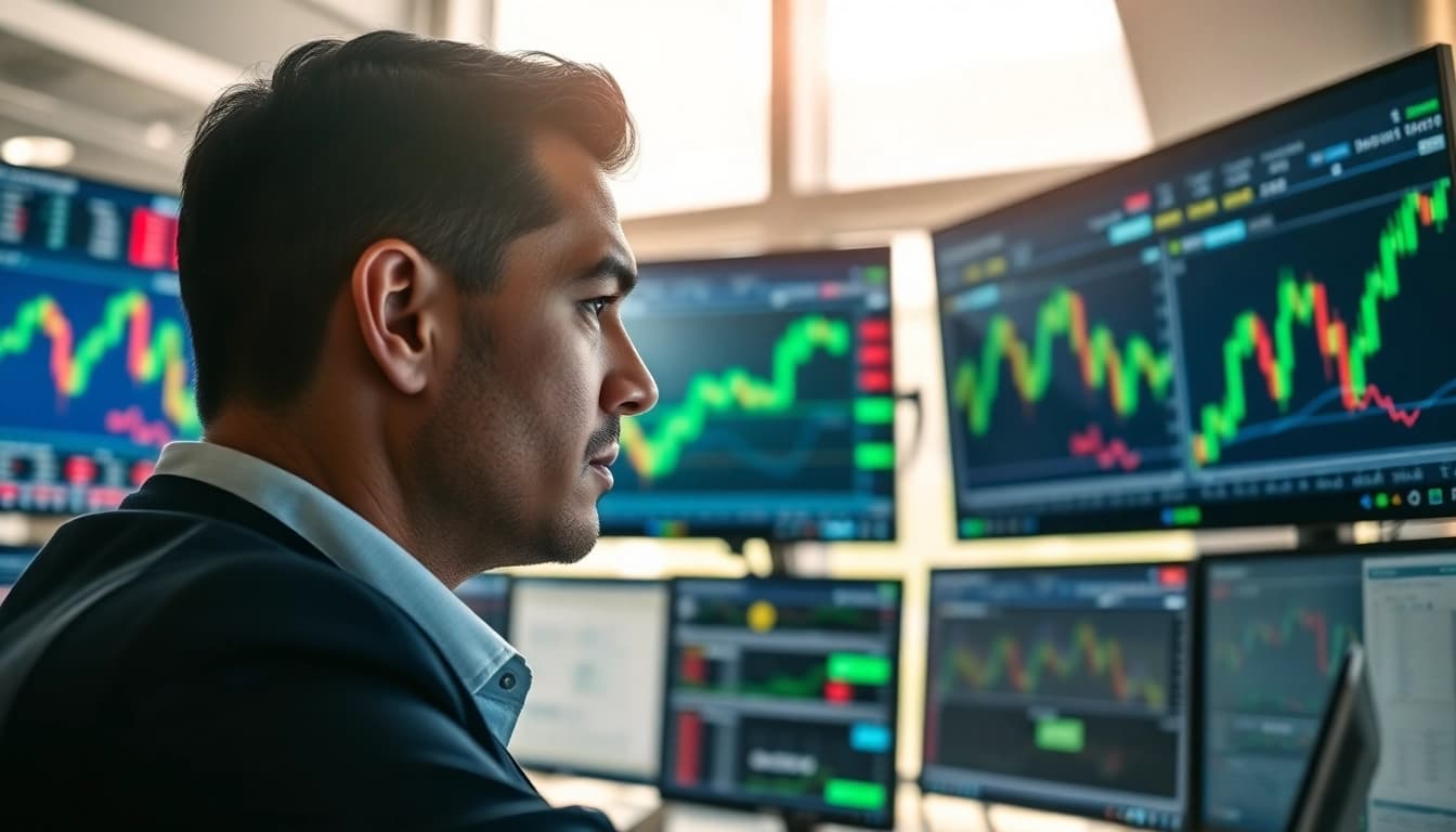 Engaged trader analyzing market data on hotforex mt4 platform in a modern office setting.
