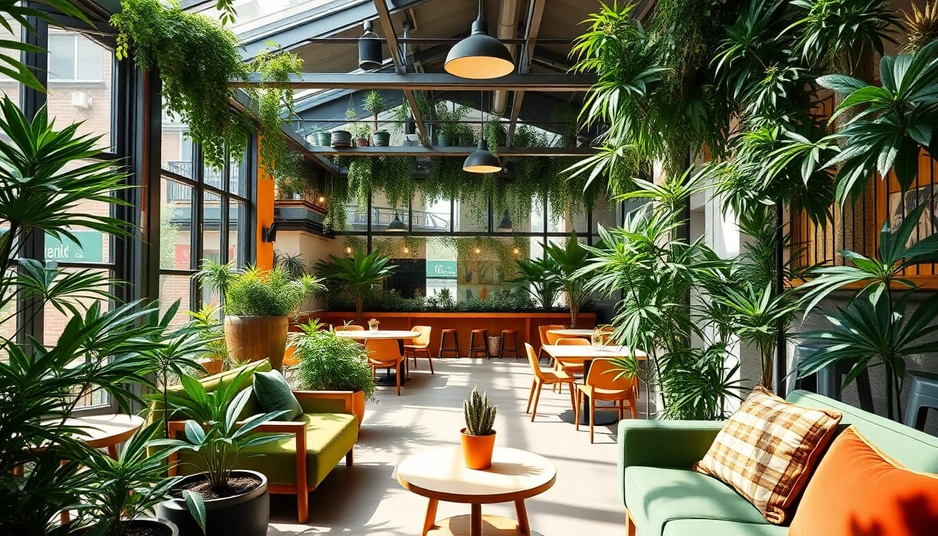 Experience The Corner Cannabis Club Madrid with lush greenery and relaxed lounge atmosphere.