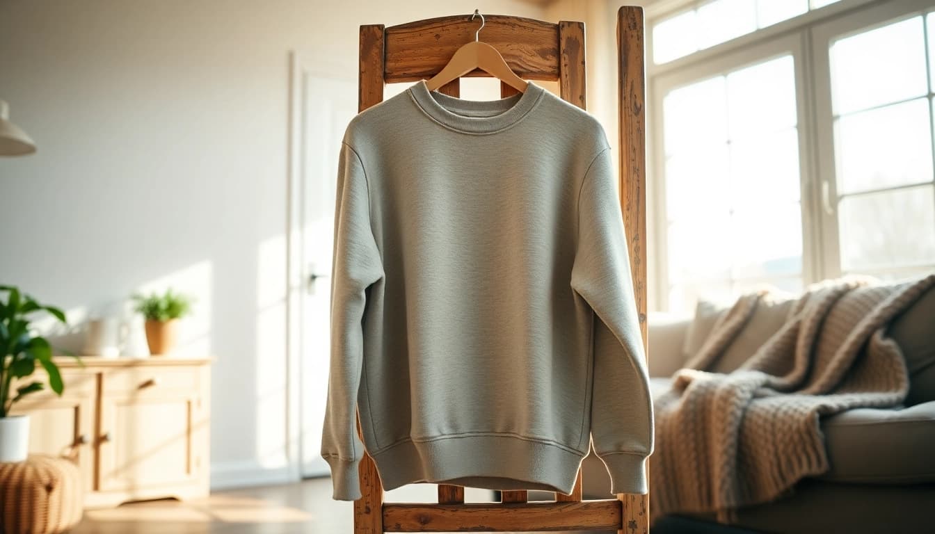 Featuring a cozy crew neck sweatshirt on a rustic wooden chair in a sunlit living room.