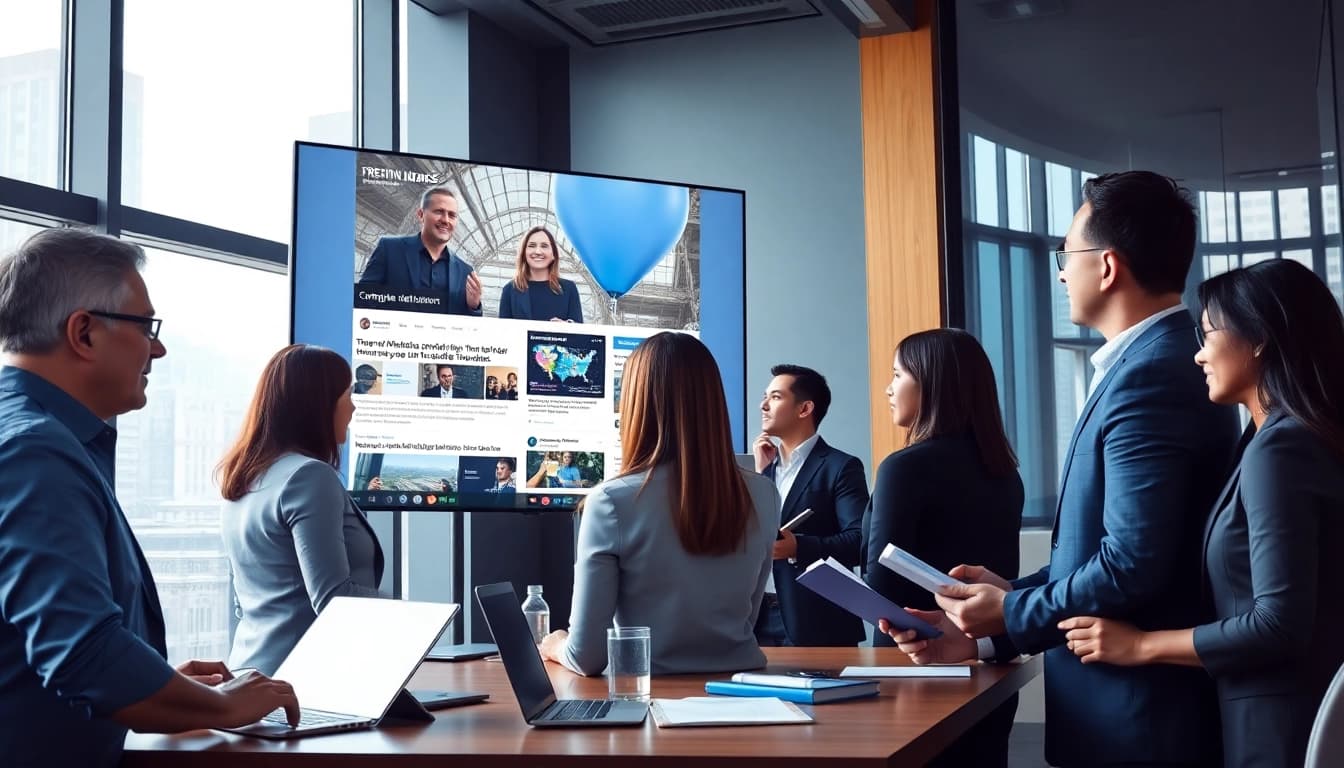 Engaging scene of a team strategizing for press release distribution in a modern office.