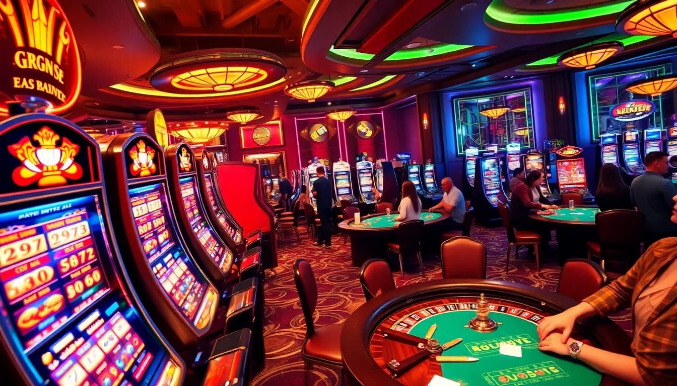 KJC AC 3 showcases players relishing the thrill of casino gaming, surrounded by vibrant slot machines and dice.