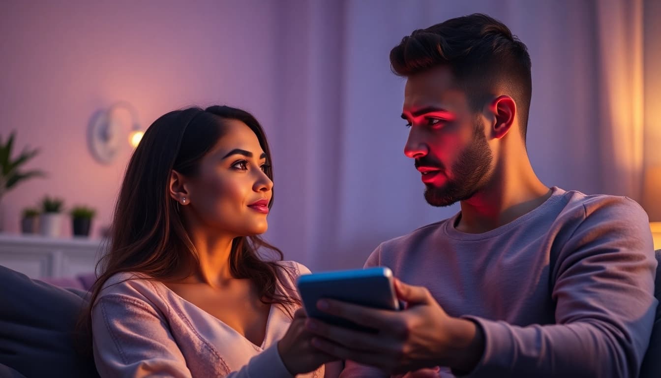 Couple exploring intimacy through sex AI chatbot interaction in a cozy, modern setting.