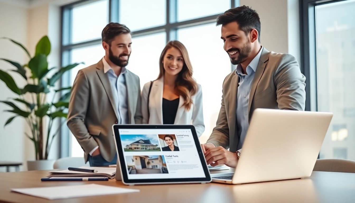 Highlighting a professional real estate agent discussing property options with clients in a bright office.