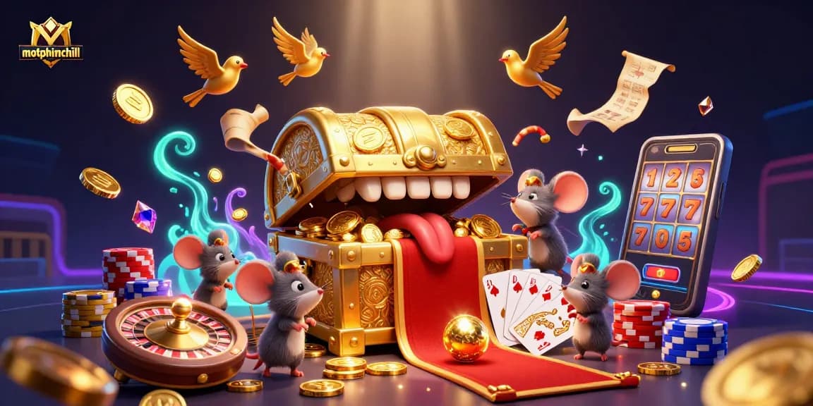 Win big with motphimchill's interactive gambling scene featuring golden treasures and dynamic games.