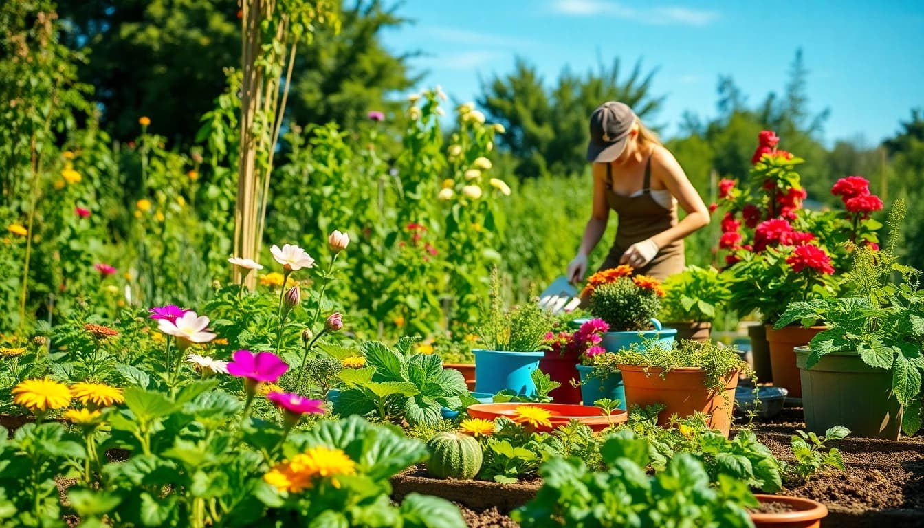 Gardening scene showcasing vibrant plants and a gardener tending to fresh vegetables.