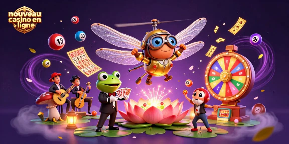 Explorez le nouveau casino en ligne avec une illustration dynamique de jeux animés et de croupiers.