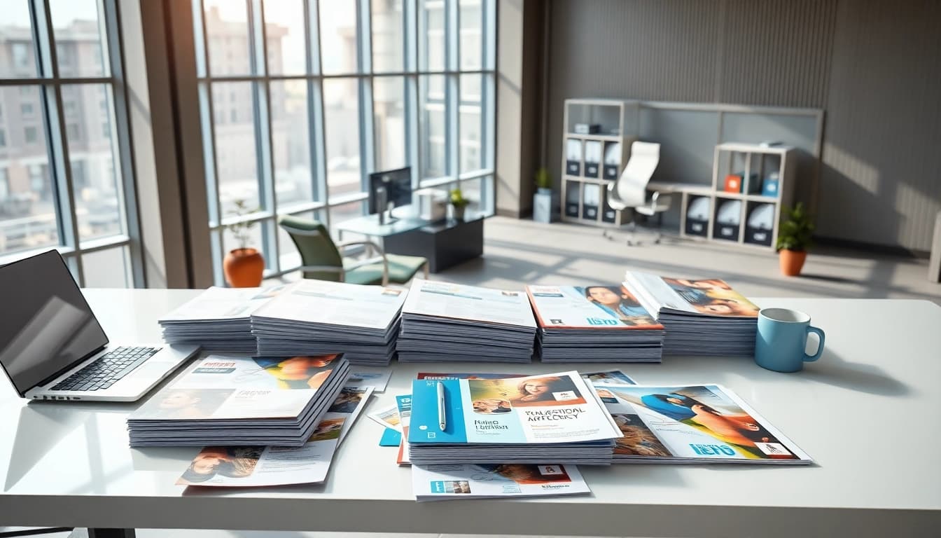 Apex Direct Mail showcased through vibrant print materials on a sleek desk in a modern office.