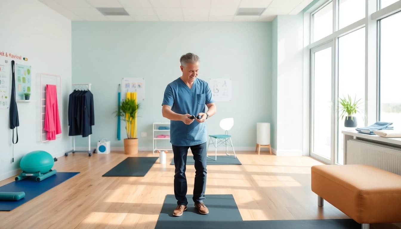 Engaged patient receiving north side edmonton physiotherapy in a modern rehabilitation clinic.