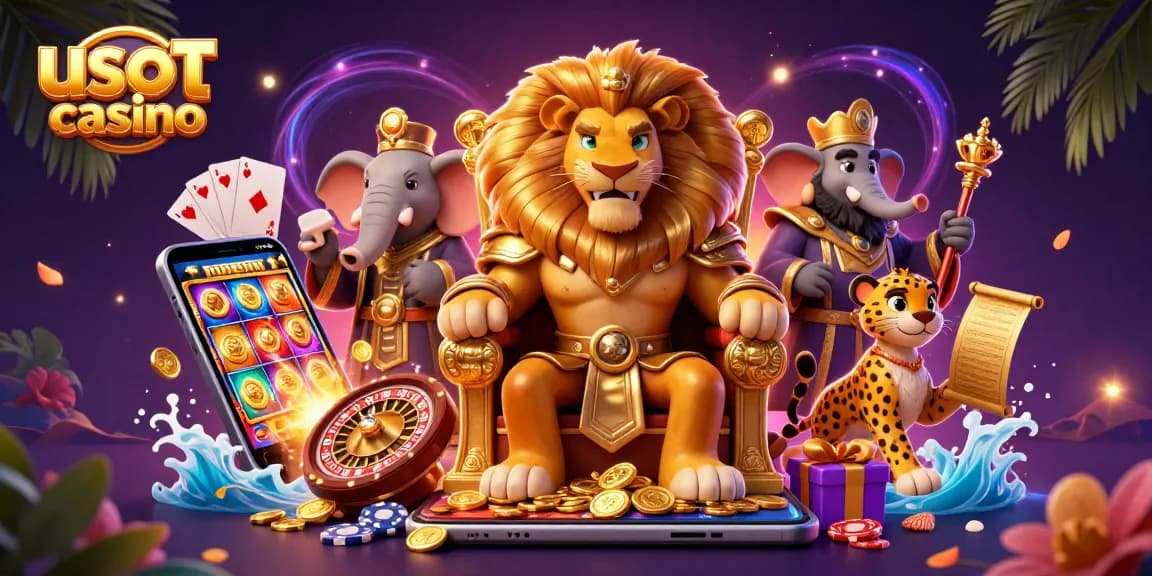 Gioca nei migliori usdt casino con un re leone, un elefante e un ghepardo, circondati da giochi e monete.