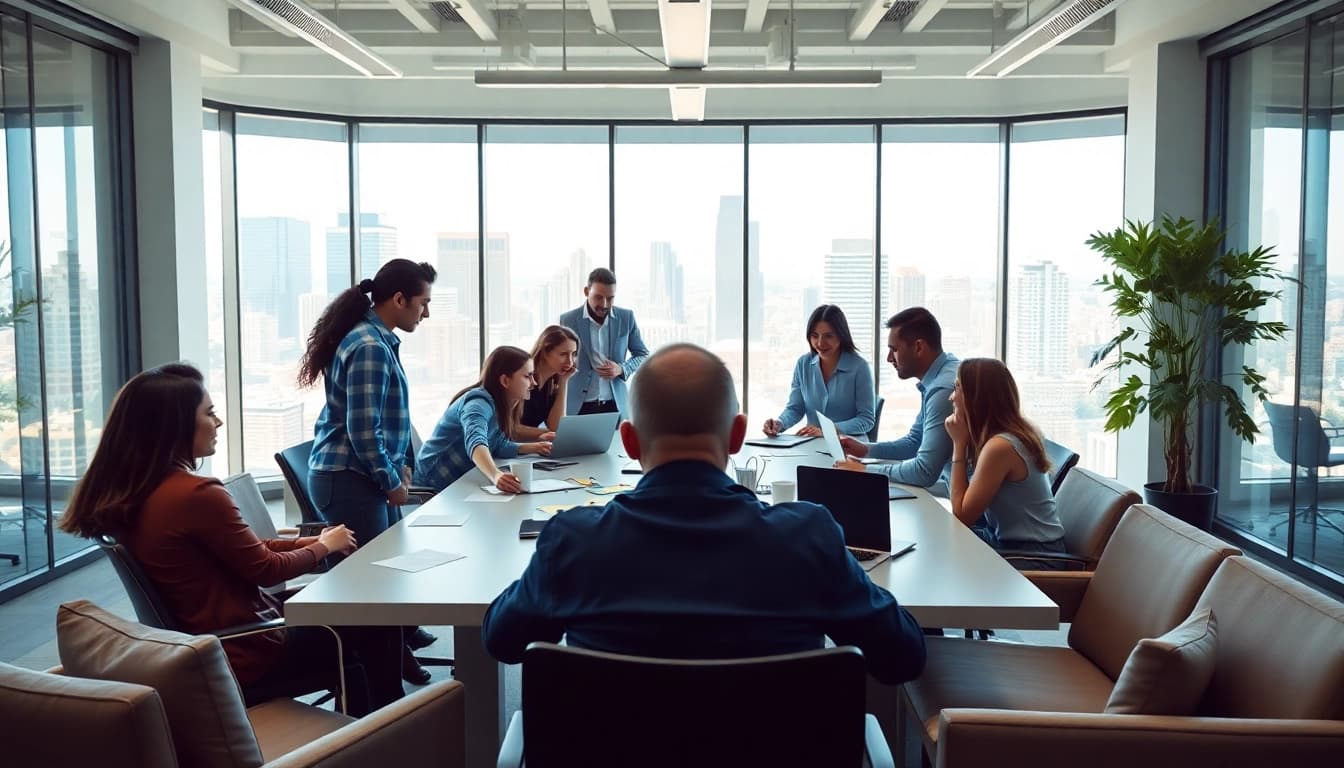 Engaging team collaboration scene showcasing https://valuesfirst.com in a modern office.