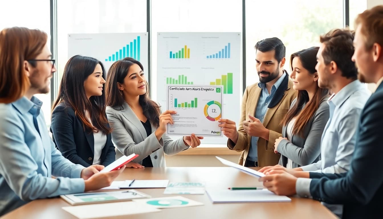 Analizar el Certificado Ahorro Energético con un equipo profesional en una oficina moderna.