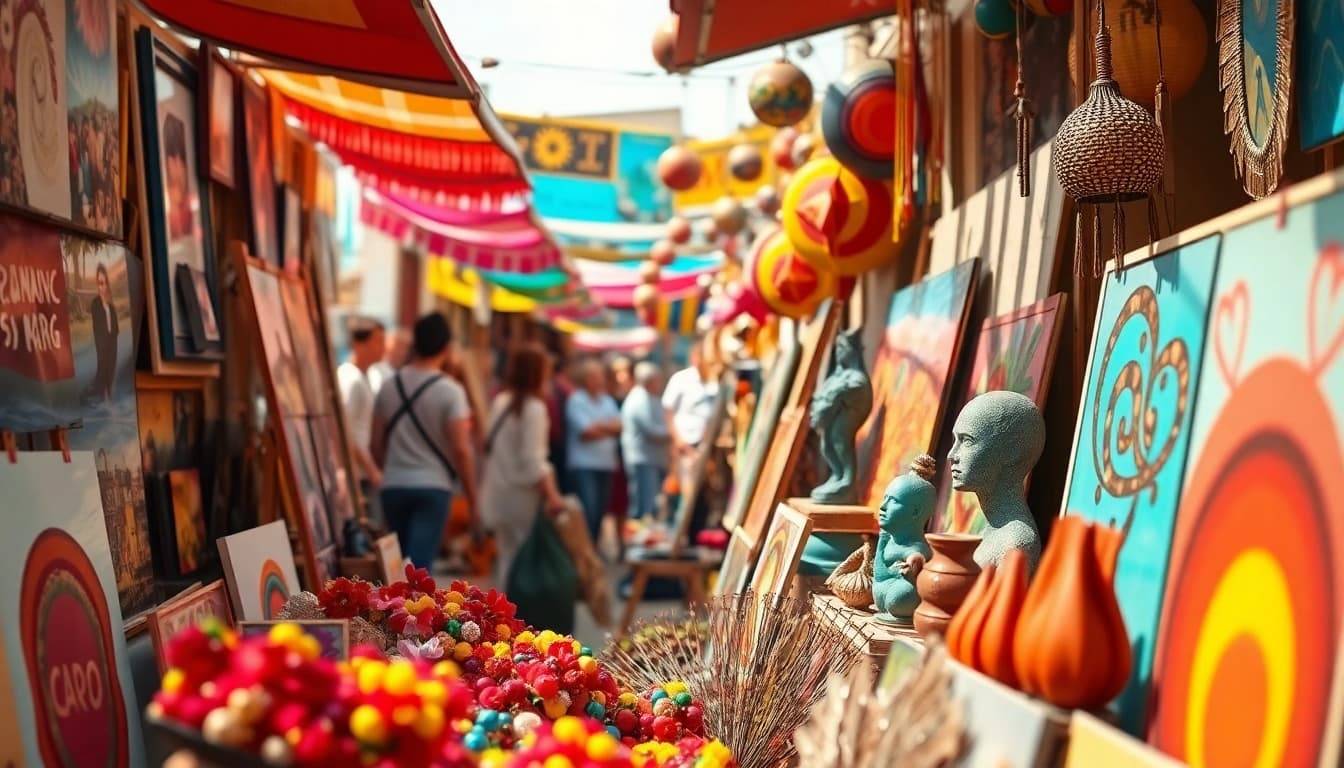 Jentoto menampilkan keramaian pasar seni yang hidup dengan berbagai karya seni dan penjual kreatif.
