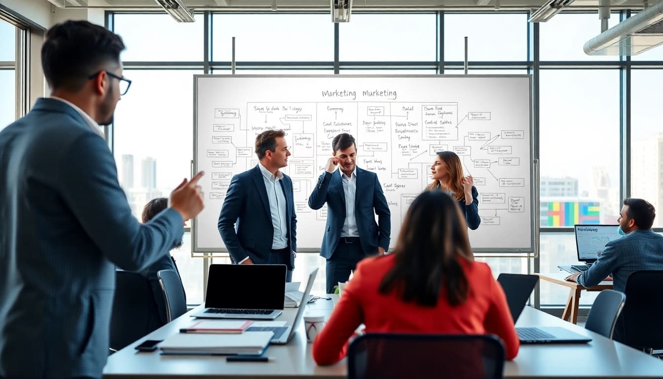 Digital marketing strategist collaborating in a vibrant office space with strategy visuals.