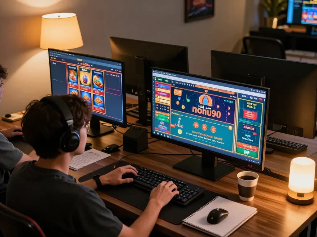 Engaging gaming session with 'nhà cái nohu90' on multiple screens, emphasizing strategic gameplay.