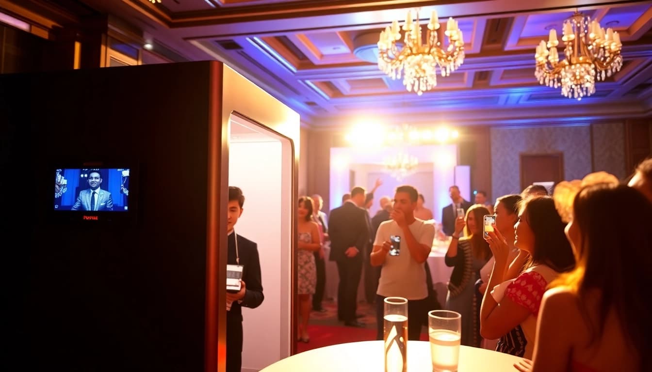 Capture the fun of a photo booth rental at a lively corporate event with guests enjoying themselves.