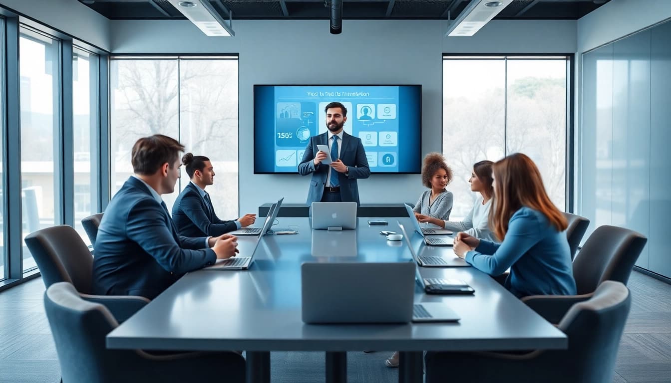 Engaged business professionals in a modern meeting setting collaborating effectively.