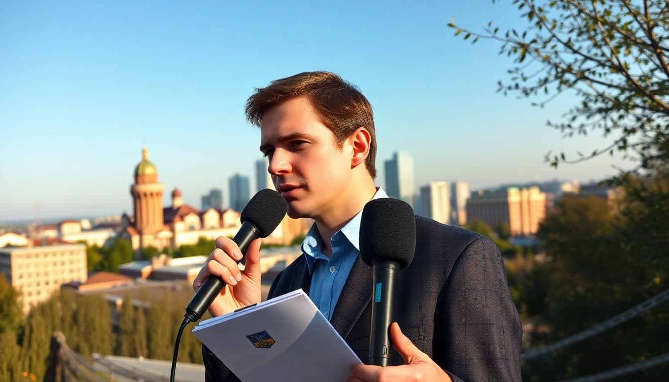 Журналіст https://sumytoday.in.ua проводить звіт про останні новини в Сумах.