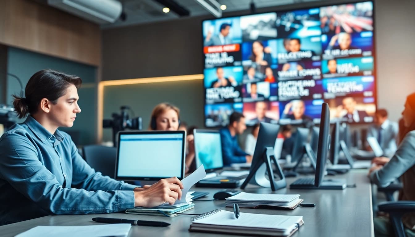 Breaking news journalists collaborating in a vibrant newsroom environment.