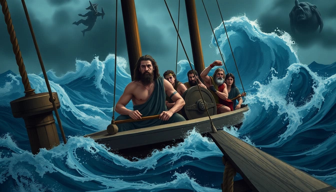 Visual representation of odyssey meaning origin showing Odysseus at sea during a storm.