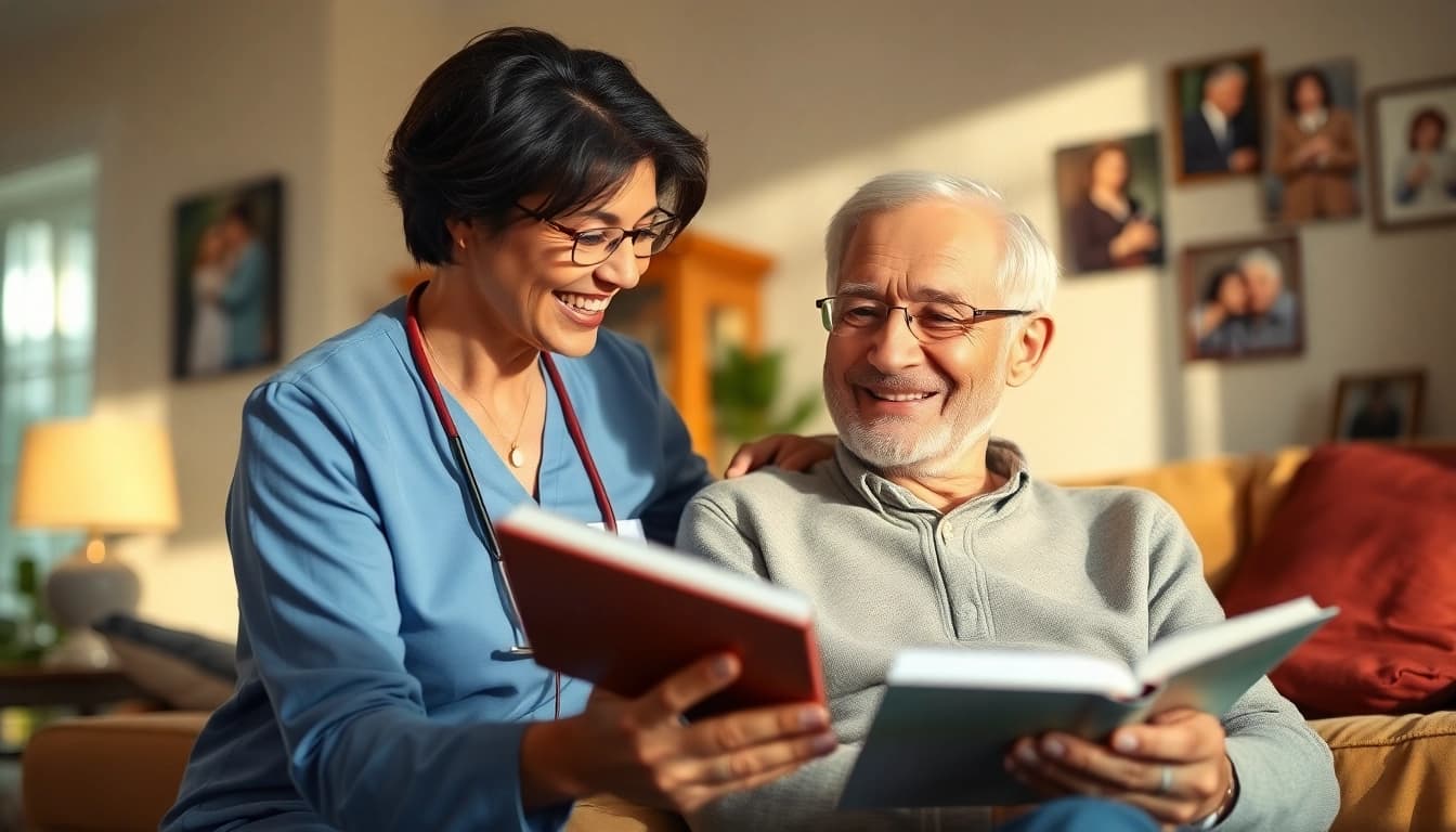 Caregiver providing in home senior care to a smiling elderly man in a cozy living room setting.