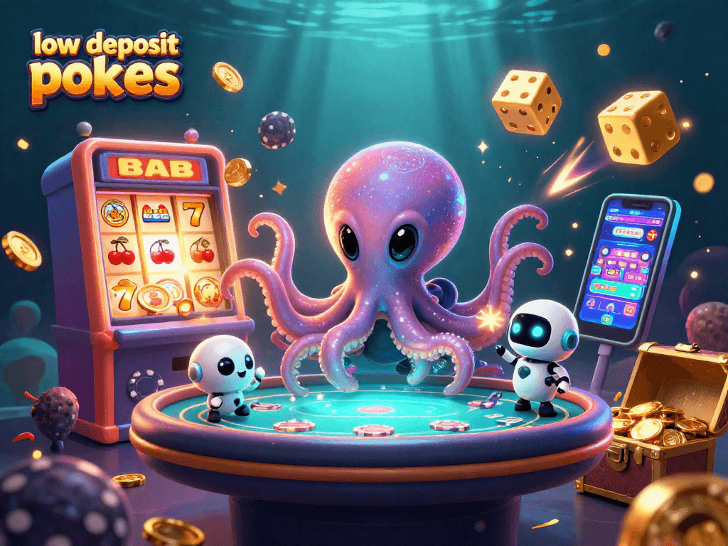 Engage with low deposit pokies in a vibrant, 3D casino scene featuring an alien octopus at a poker table.