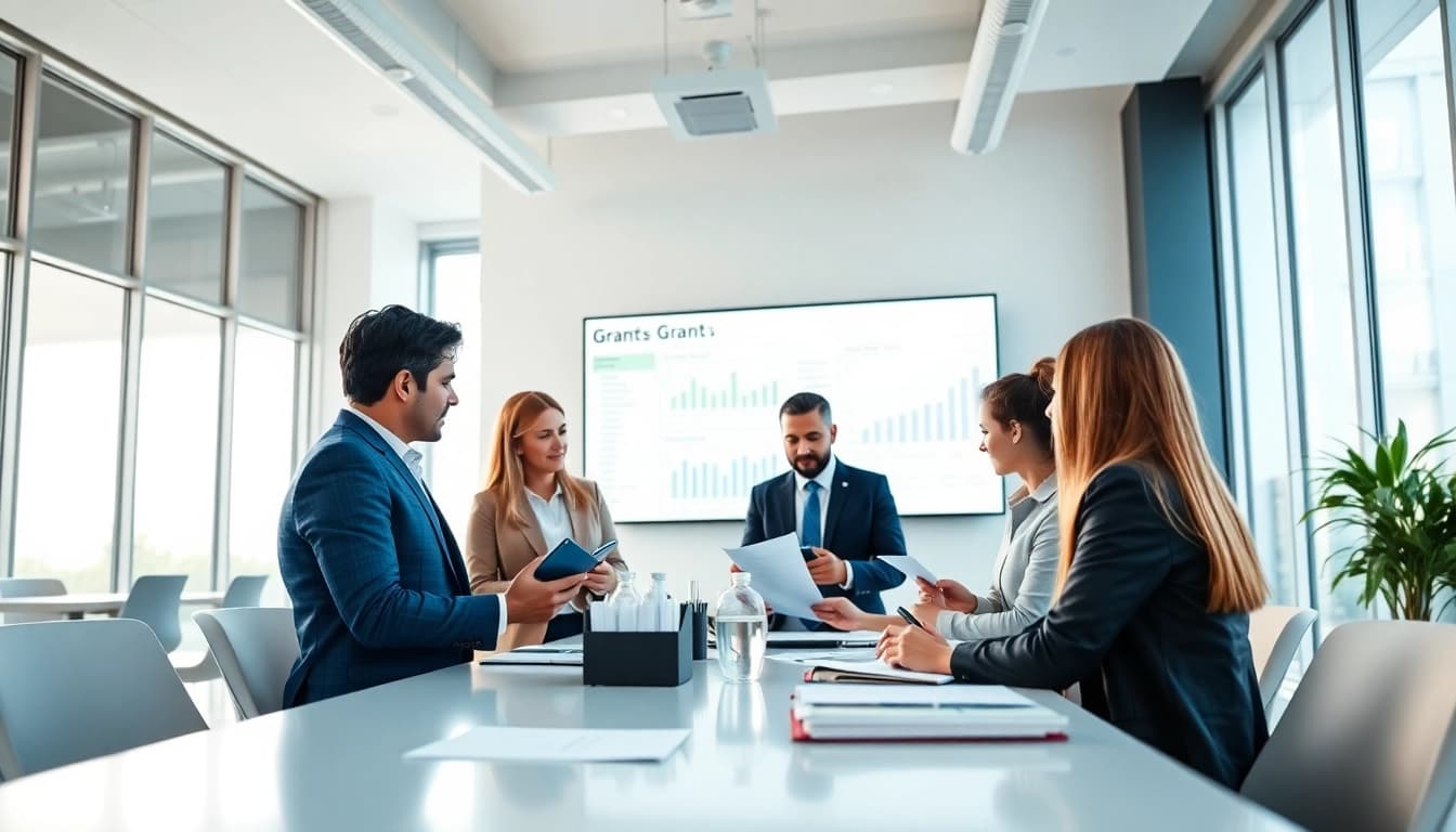 Discussing various grants in a professional business setting with diverse individuals.