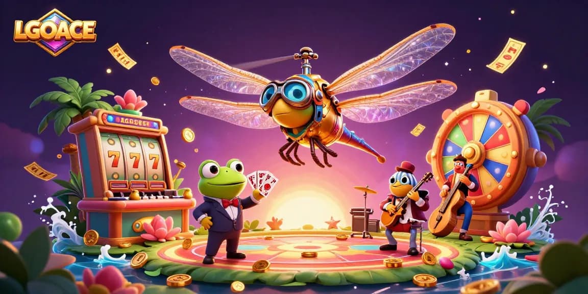 LGOACE offers thrilling casino excitement with dynamic scenes of slot machines and a frog dealer amidst vibrant game elements.