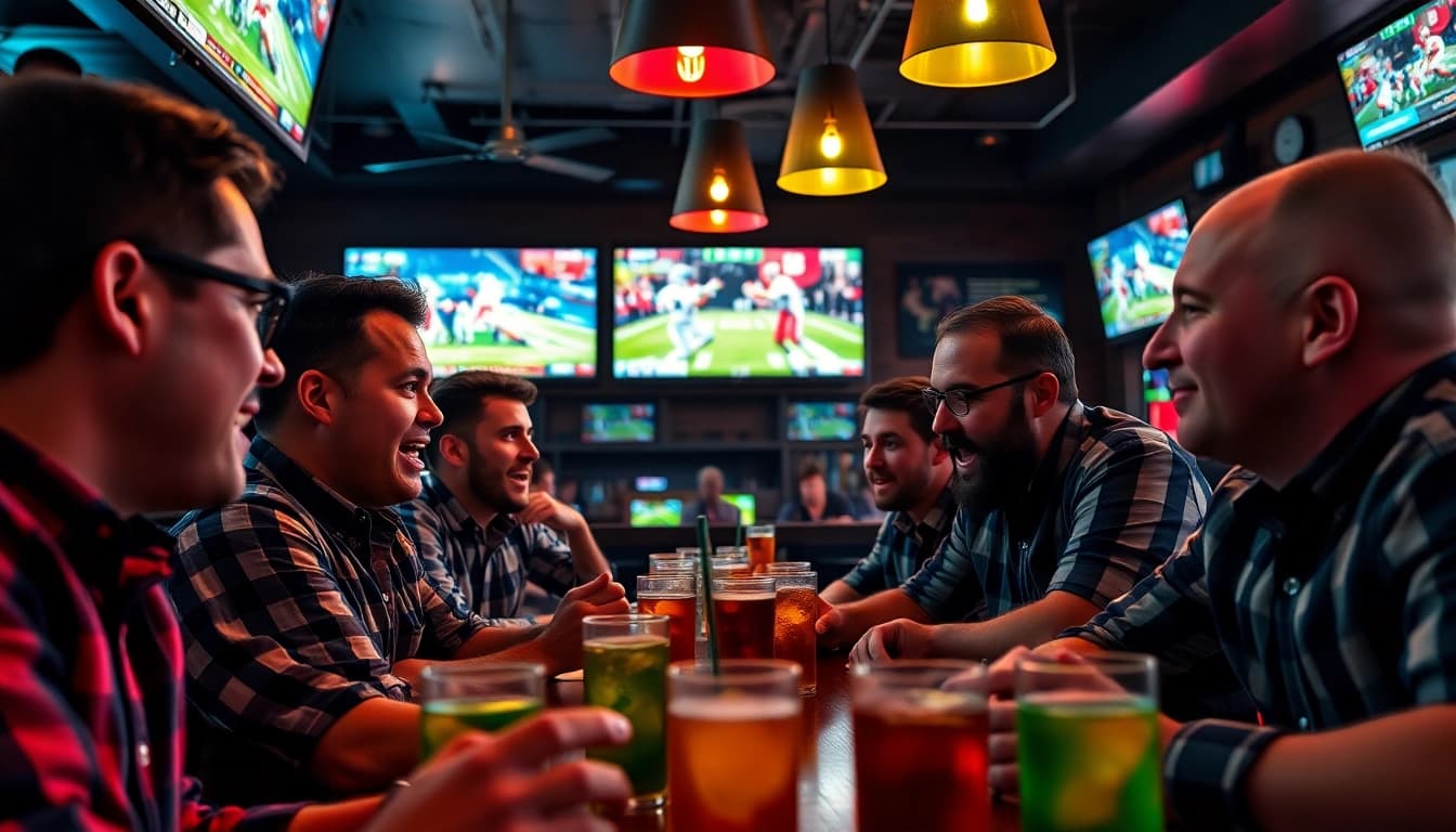 Engaged group discussing sports betting in Texas in a dynamic sports bar setting.