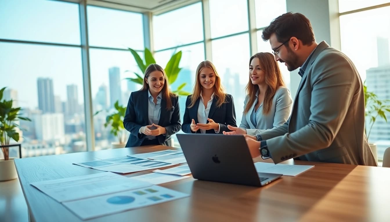 Real Estate agents collaborating professionally in a bright office environment.