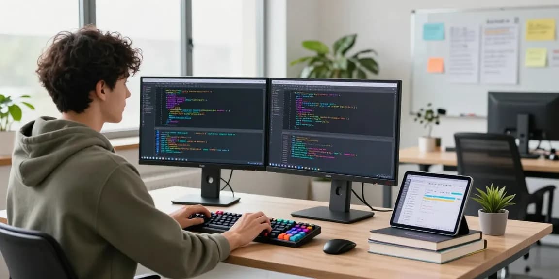Developer coding at a modern desk with dual monitors, showcasing crushonai technology in an energetic workspace.