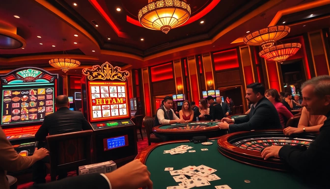 Experience the thrill of scatter hitam in a luxurious casino with vibrant slot machines and eager players.