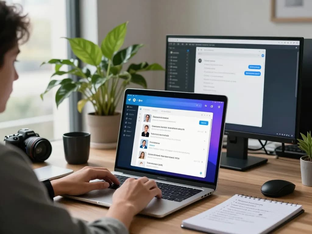 Professional using Telegram 中文 on MacBook in modern office setting, showcasing optimized app features.