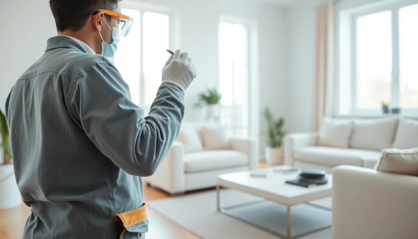 Book insect inspection by a professional technician in a bright living room environment