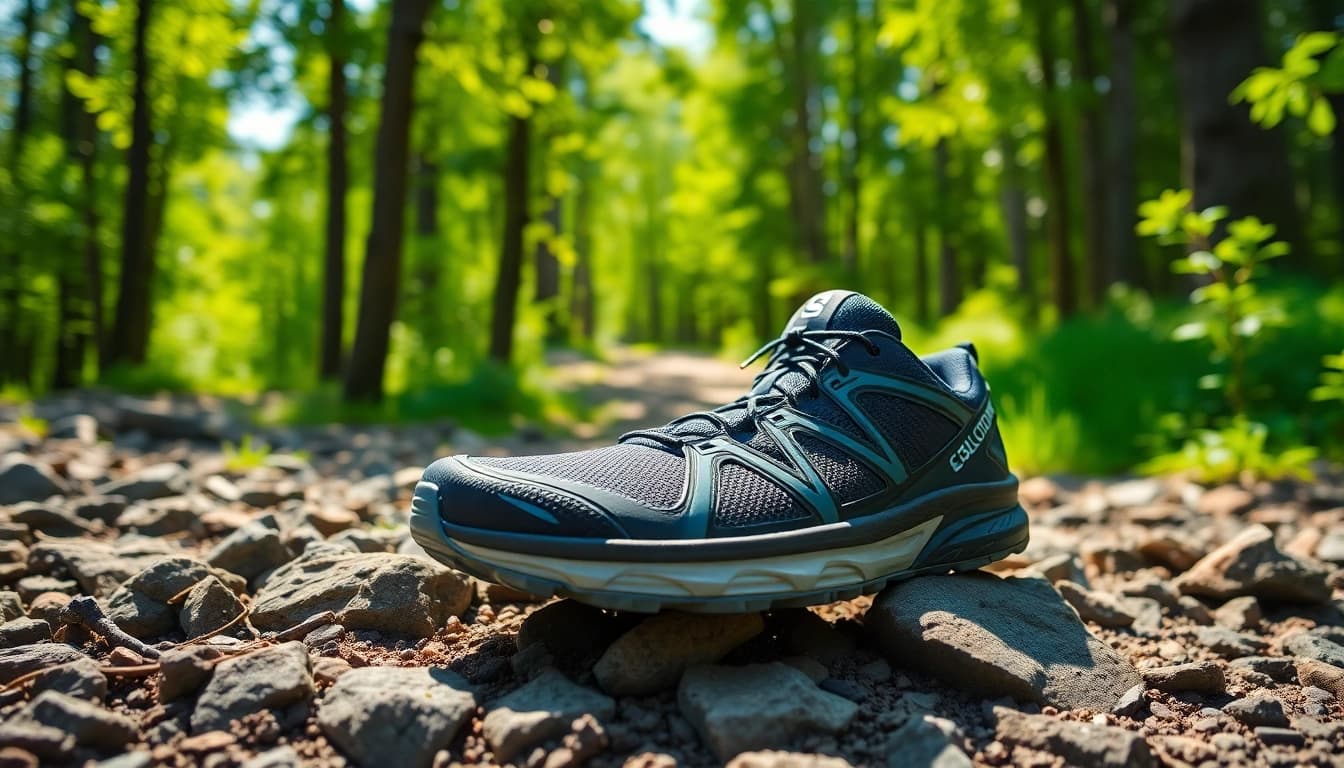 Salomon Sense Ride 5 sobre un terreno rocoso, mostrando su versatilidad y diseño excepcional.