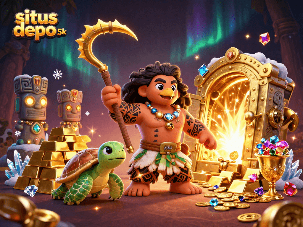 Experience the thrill of situs depo 5k with enchanting characters amidst treasures and vibrant casino elements.