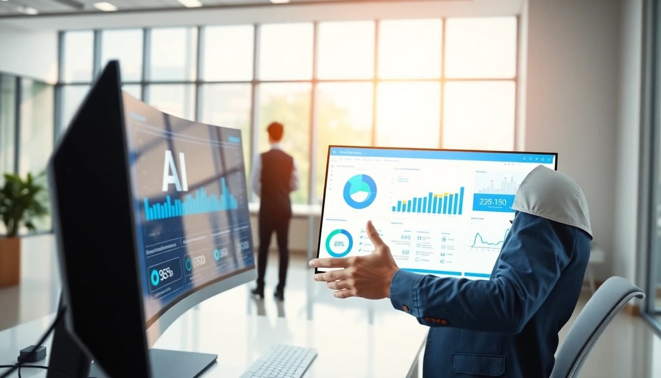 Claims adjuster utilizing advanced AI claims processing technology in a modern office.