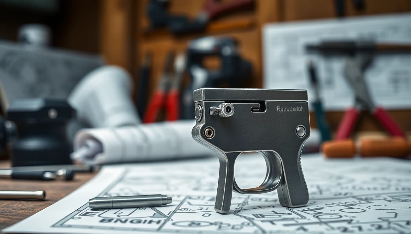 Showcasing a 3 position forced reset trigger highlighting its design details in a workshop setting.